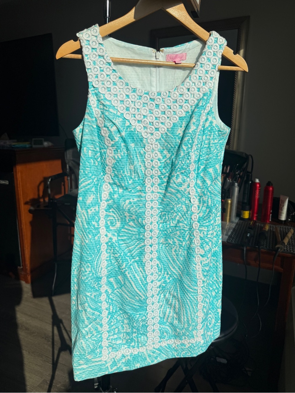 Lilly Pulitzer Aqua Tropical Print Shift Dress with White Crochet Trim - Picture 3 of 6